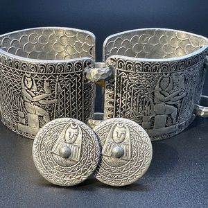 Vintage Egyptian revival bracelet and earrings, set cuff bracelet